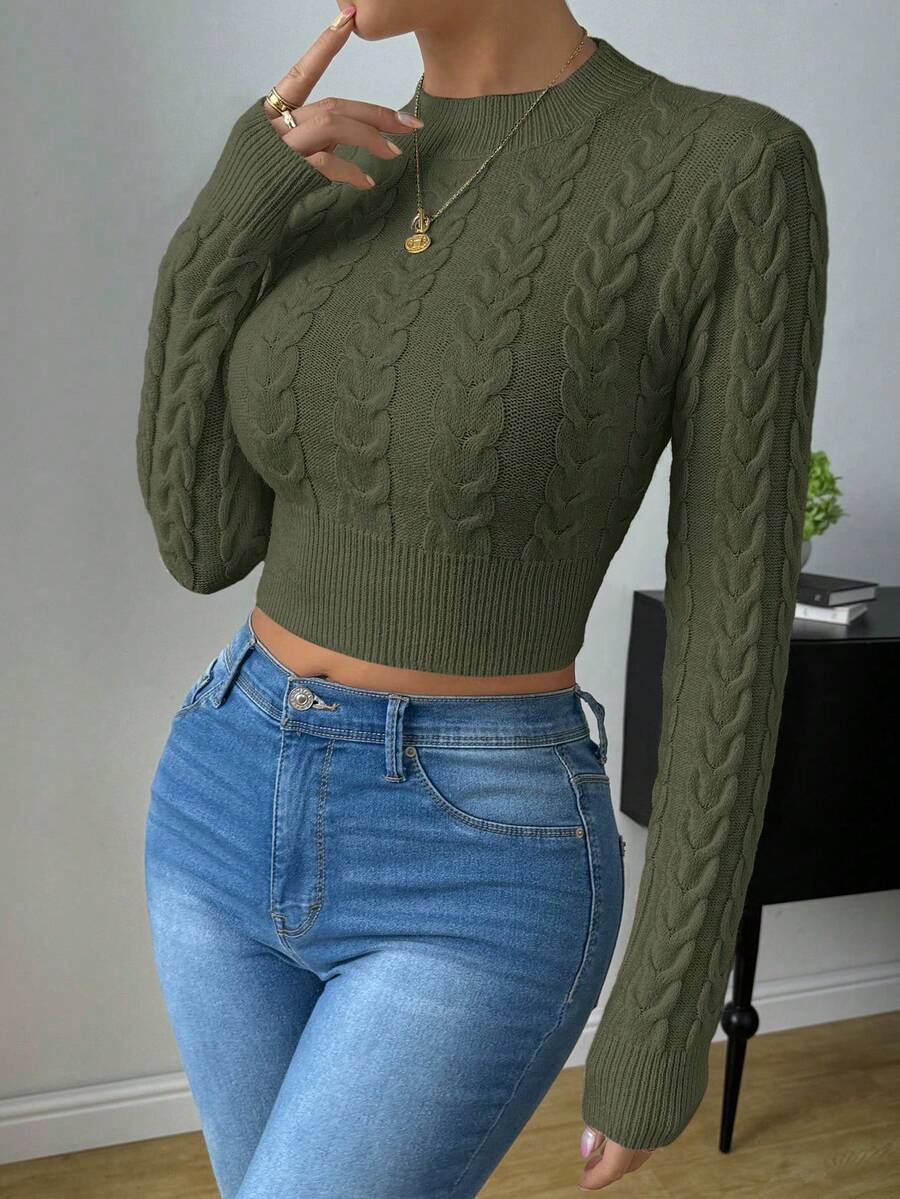 Zielony 女式时尚纯色休闲粗针织短款毛衣 - 墨綠色 - 查看 1