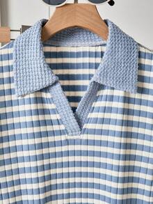 SHEIN 柔软亲肤 | 女童蓝白条纹翻领休闲上衣+阔腿裤时尚套装 - 春秋季长袖长裤套装（无内衬），日常穿着的理想之选 - 藍色 - 查看 4