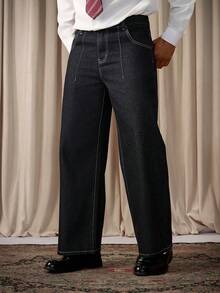 RivetRise Men's Black Casual Loose Fit Pocketed Baggy Wide Leg  Two Tone Jeans For Boyfriend - Dark Wash - View 6