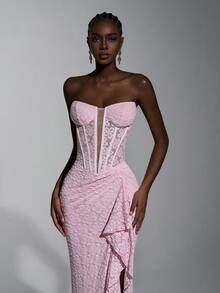 Elitara 优雅粉色露肩针织花卉深 V 领紧身美人鱼高开衩荷叶边下摆连衣裙，适合约会、度假、单身派对、婚礼、下午茶、购物、非正式场合、音乐节、海滩派对和晚会 - 粉色 - 查看 3