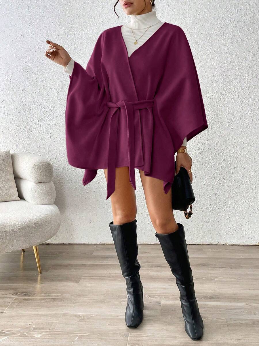 SHEIN PETITE 时尚休闲百搭女式外套,秋冬季 - 中紫紅色 - 查看 1
