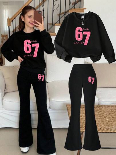 Girls 6-7 Years Old Casual Chic 67 Slogan Star Print Crew Neck Sweatshirt And Flare Pants Set, Adorable Black Outfit With 67, Heart And Star Patterns, Comfortable And Versatile Crew Neck Sportswear For Kids, Suitable For Daily Wear In All Seasons