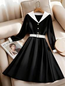 Lyxana Women's Colorblock Long Sleeve Button Design Elegant Commuter Dress - Black - View 1