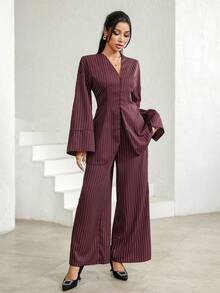 Veilorie 女士休闲条纹长袖上衣和裤子两件套 - 棕色 - 查看 4