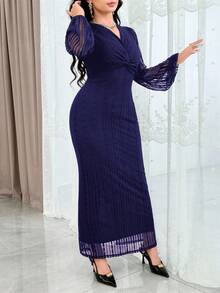 Feyla Women's Solid Color Twist Front Lantern Sleeve Waist Cinched Long Dress,Dresses For Women Elegant