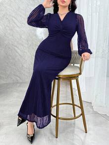 Feyla Women's Solid Color Twist Front Lantern Sleeve Waist Cinched Long Dress,Dresses For Women Elegant