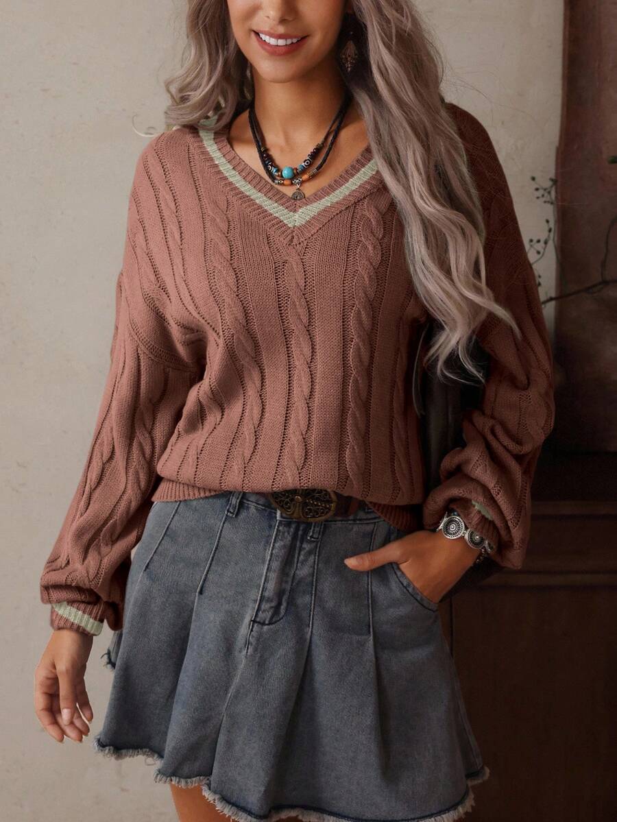 SHEIN LUNE Women's Casual V-Neck Drop Shoulder Ribbed Knit Sweater, Autumn/Winter - Coffee Brown - View 1