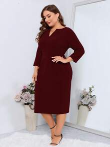 SHEIN Clasi 大码女式纯色V领七分袖修身优雅连衣裙 - 酒紅色 - 查看 6