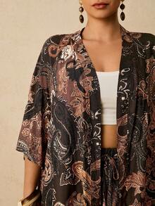 Travachic Plus Size Women Bohemian Cashew Flower & Paisley Print Cardigan And Shorts Two Pieces Outfit, Casual Holiday Beach Wear - Brown - View 8