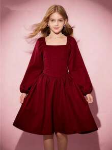 Tween Girls' Long Sleeve A-Line Dress, Halloween Casual Elegant Cute Maxi Dress, White Short Dress, Suitable For Spring, Summer, Autumn, Outdoor, Vacation, School Dark Red Dress Teen Girls Burgundy Girl Dress Maroon Dress For Girl Teen Girls Elegant Long Sleeve Dresses Puff Sleeve Dress - Burgundy - View 1