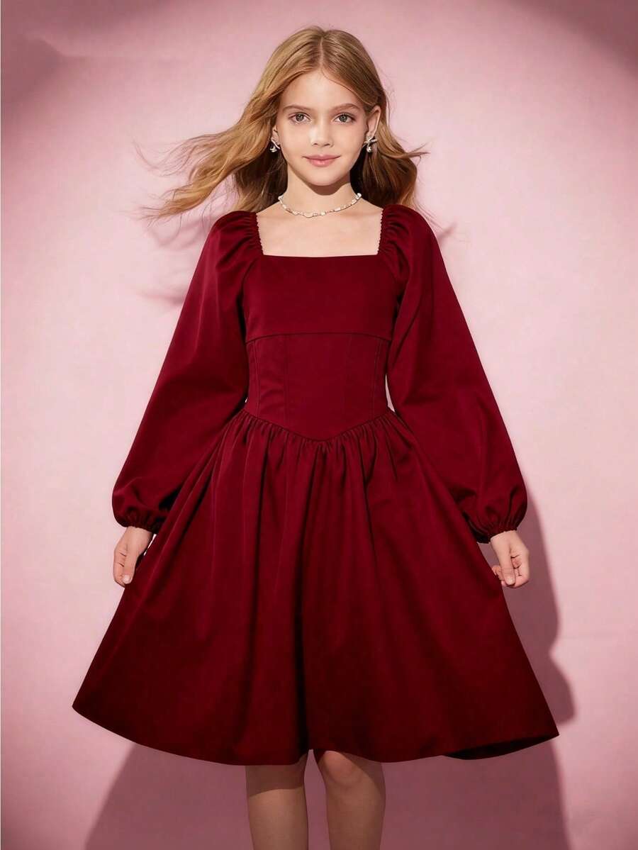 Tween Girls' Long Sleeve A-Line Dress, Halloween Casual Elegant Cute Maxi Dress, White Short Dress, Suitable For Spring, Summer, Autumn, Outdoor, Vacation, School Dark Red Dress Teen Girls Burgundy Girl Dress Maroon Dress For Girl Teen Girls Elegant Long Sleeve Dresses Puff Sleeve Dress - Burgundy - View 1