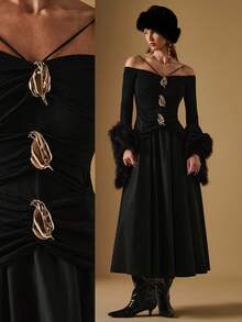 Briarwyn Women's Off Shoulder Long Sleeve Metal Decor Flared Dress,Black N Gold,Autumn,Elegant,Dining,Luxurious Old Money Style Halloween Christmas Costume - Black - View 2