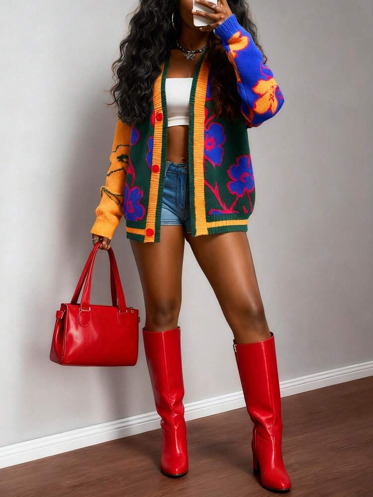 Slaydiva Nuovo cardigan in maglia con scollo a V, maniche lunghe a goccia, lettera e fiore in pelliccia 3D, colore fucsia, stile casual da strada, autunno/inverno 2025 per donna - Multicolore - Visualizzare 1