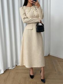 Modelyn Women's Autumn Long Sleeve Apricot Tweed Collar Faux Pocket Button Waist A-Line Elegant Dress - Apricot - View 5