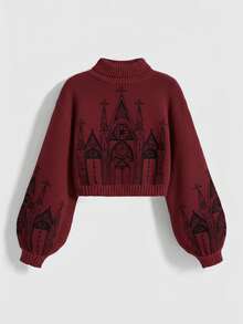 ROMWE Gothic Palace Embroidered Turtleneck Sweater - Burgundy - View 1