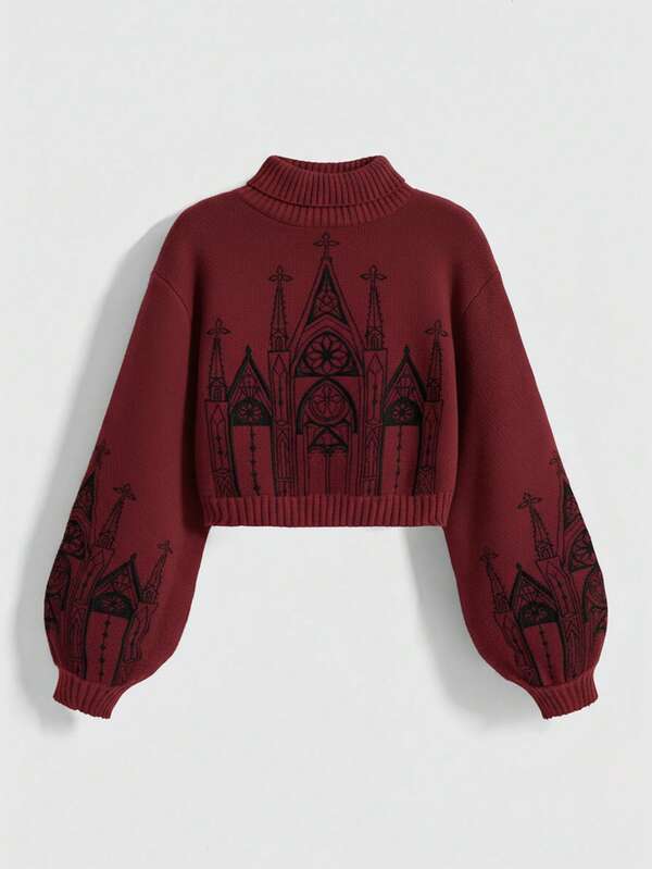 ROMWE Goth Gothic Palace Embroidered Turtleneck Sweater