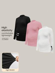 Modmama 3Packs Maternity High Stretch Long Sleeve T-Shirt,Black And White,Autumn,Elegant,Smart Casual,Everyday Mock Neck Solid Turtle Neck Pregnancy Tops - Baby Pink - View 1