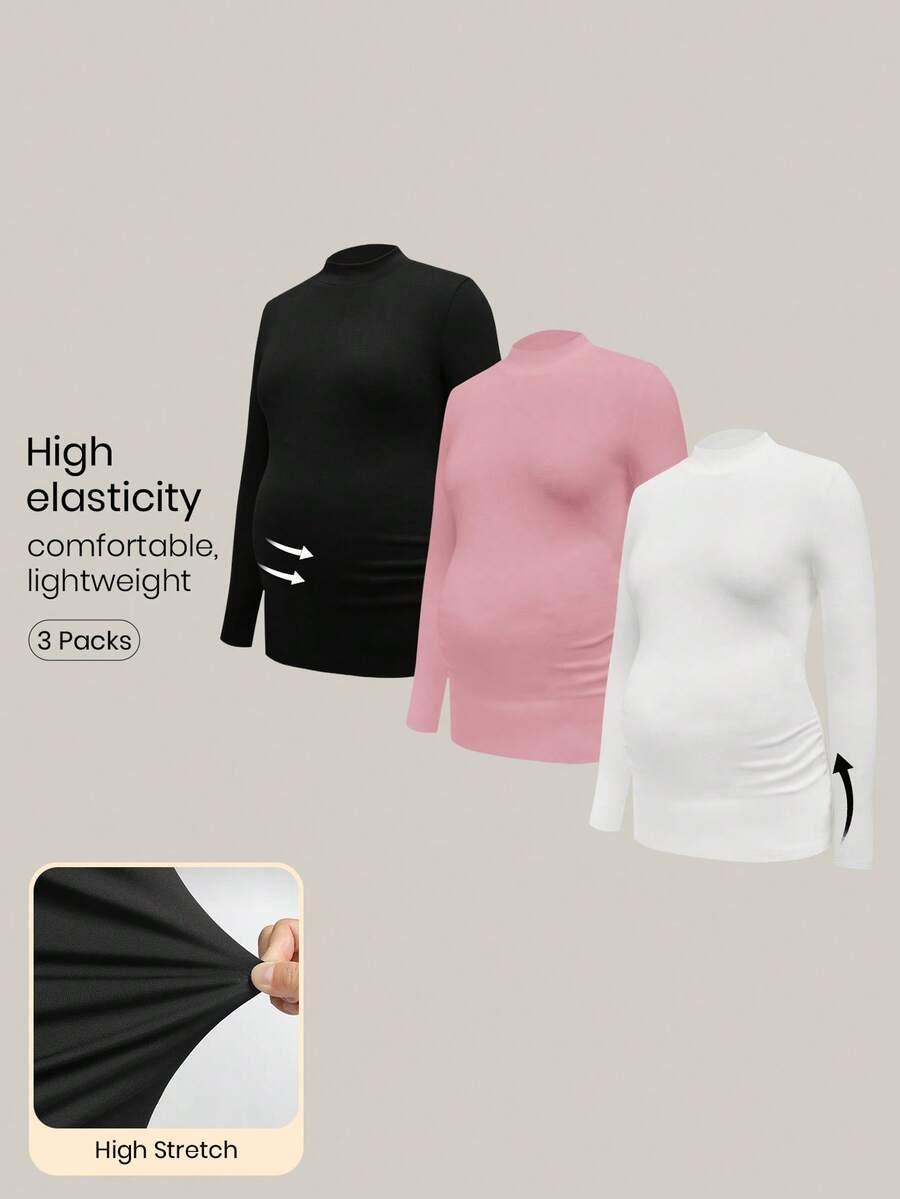 Modmama 3Packs Maternity High Stretch Long Sleeve T-Shirt,Black And White,Autumn,Elegant,Smart Casual,Everyday Mock Neck Solid Turtle Neck Pregnancy Tops - Baby Pink - View 1