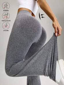 Gameset SHEIN Sport 无缝女士提臀瑜伽日常休闲运动紧身裤，交叉腰带和喇叭裤腿设计 - 灰色 - 查看 2