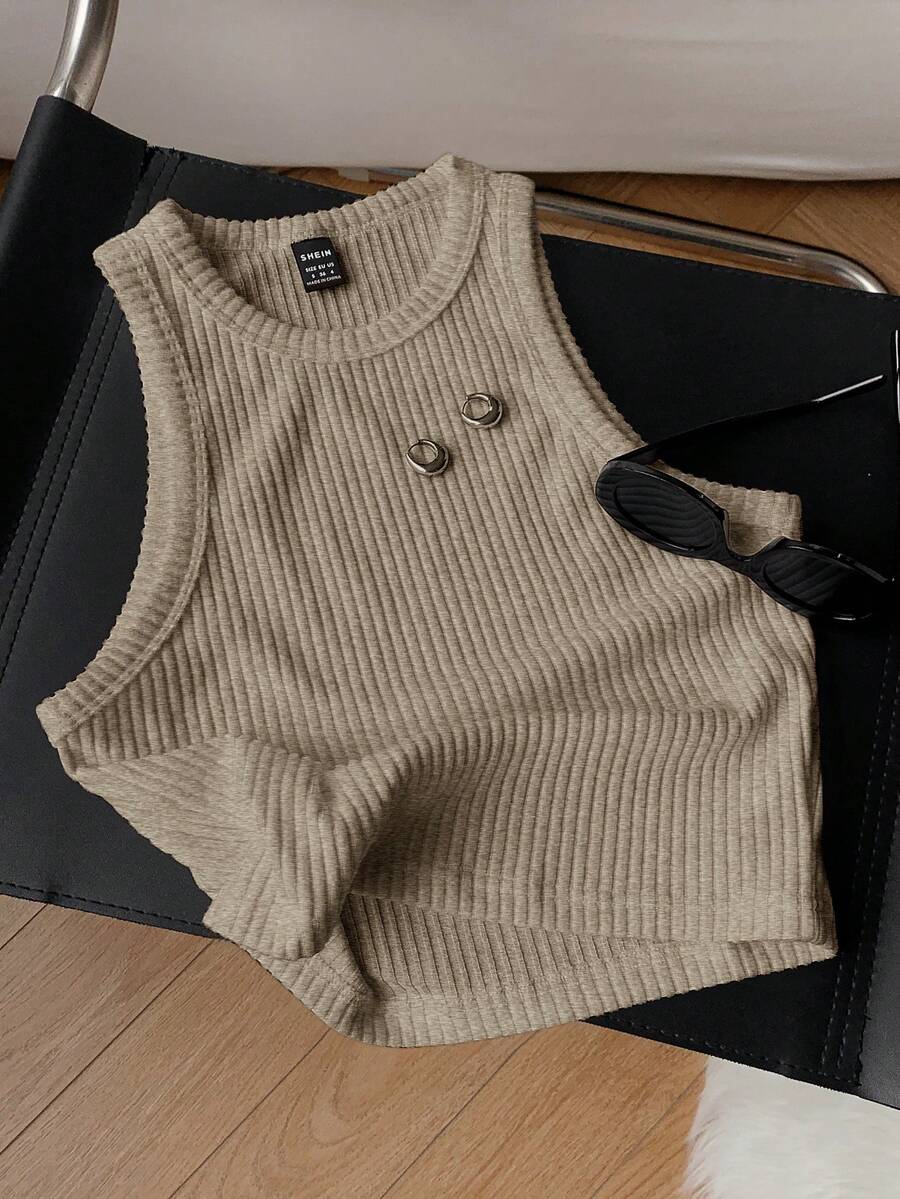 Comfortcana Áo ba lỗ chải gân trơn dành cho nữ, thích hợp mặc hàng ngày - Màu be - Xem 1