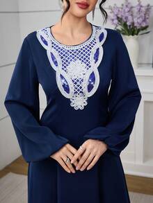 SHEIN Najma 休闲复古长袖收腰阿拉伯风格女式连衣裙 - 藏蓝色 - 查看 5