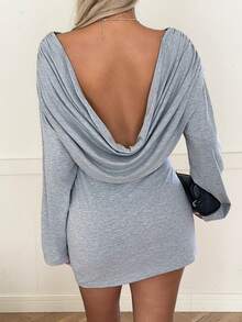 SHEIN EZwear Vestido corto casual de mujer de manga larga y espalda descubierta de punto gris