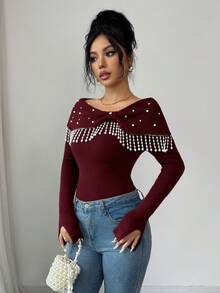 Elenzga Elegant Romantic Knit Sweater For Women With Flared Cuffs, Bow, Pearl & Tassel Decor, Waist Cinched - Burgundy - View 3