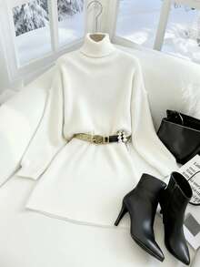 SHEIN Elenzya 2pcs Set: Elegant Commuter White Lapel Long Sleeve Drop Shoulder Knit Sweater & Skirt, Autumn/Winter - White - View 5