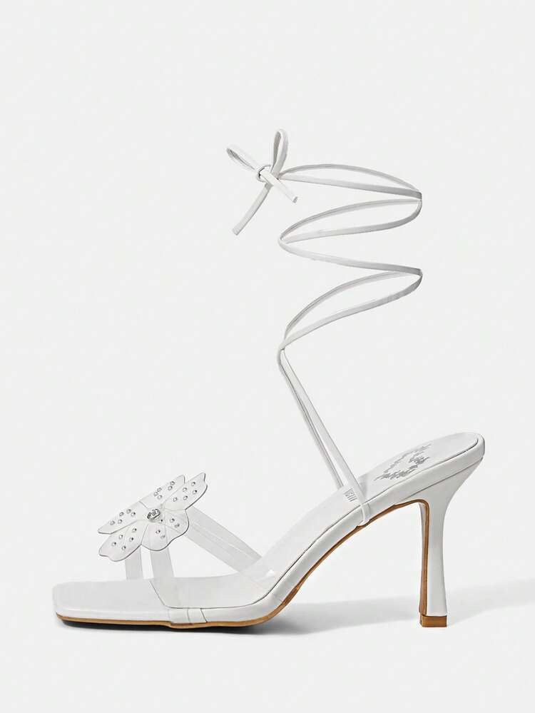 Translucent Tpu With Rhinestone Butterfly And Flower Decor Ankle Strap High Heel Sandals For Women