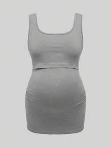 Modmama Maternity Solid Color Square Neck Nursing Camisole Vest - Grey - View 13