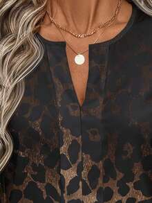 EMERY ROSE 女士休闲豹纹灯笼袖V领衬衫，适合春秋季穿着 - 彩色 - 查看 8