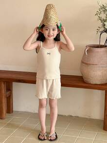 DAZY 2 Stücke/Set Jugendlich Mädchen Urlaubs Lässig Schleife & Stickerei Träger Shorts Set, Mädchen Sommer Outfits - Aprikosenfarben - Übersicht 2