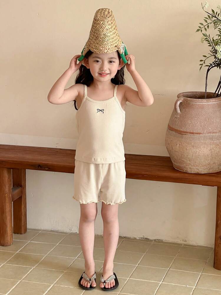 2pcs/Set Young Girl Vacation Casual Bow & Embroidery Camisole Shorts Set,Girls Summer Outfits