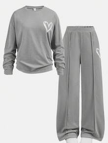 SHEIN Girlism 2件套少女休闲宽松圆领插肩袖印花T恤和褶皱短裤套装，轻薄针织面料，适合日常、返校、度假、户外活动、春季野餐等场合。 - 淺灰色 - 查看 13