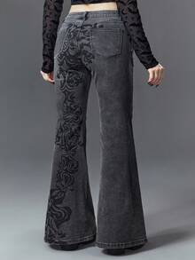 ROMWE Graphic Plus Size Gothic Vintage Floral Print Slim Fit Stretchy Low Waist Flared Jeans - Dark Grey - View 6
