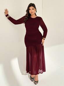 Auralis Damen Große Größen elegantes einfarbiges gerafftes figurbetontes transparentes Langkleid, geeignet für Herbst-Teegesellschaft, Valentinstag-Party, Konzerte, Dates