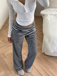SHEIN EZwear Quần dài nữ dệt kim kẻ sọc rộng rãi thoải mái - Màu xám đen - Xem 4