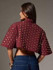 Denimoi Women's Gold Decorative Cropped Long Sleeve Shirt - Burgundy - View 5
