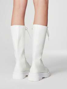 ROMWE Goth 女士及膝靴 时尚系带厚底粗跟女靴 - 白色 - 查看 5