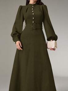 Heiryn 女士优雅通勤纯色灯笼袖长连衣裙 - 綠色 - 查看 5