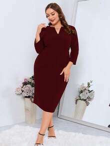 SHEIN Clasi 大码女式纯色V领七分袖修身优雅连衣裙 - 酒紅色 - 查看 3