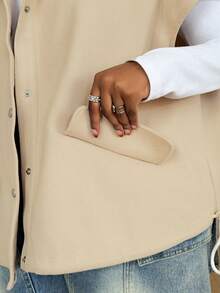 Maweii Plus Size Casual Solid Color Drawstring Hem Loose Overcoat, Autumn - Apricot - View 3