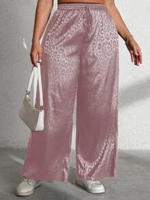Vionelle Plus Size Casual Commuter Leopard Print Wide Leg Pants Satin Pants Cheetah Pants Silk Pants Leopard Pants - Dusty Pink - View 6