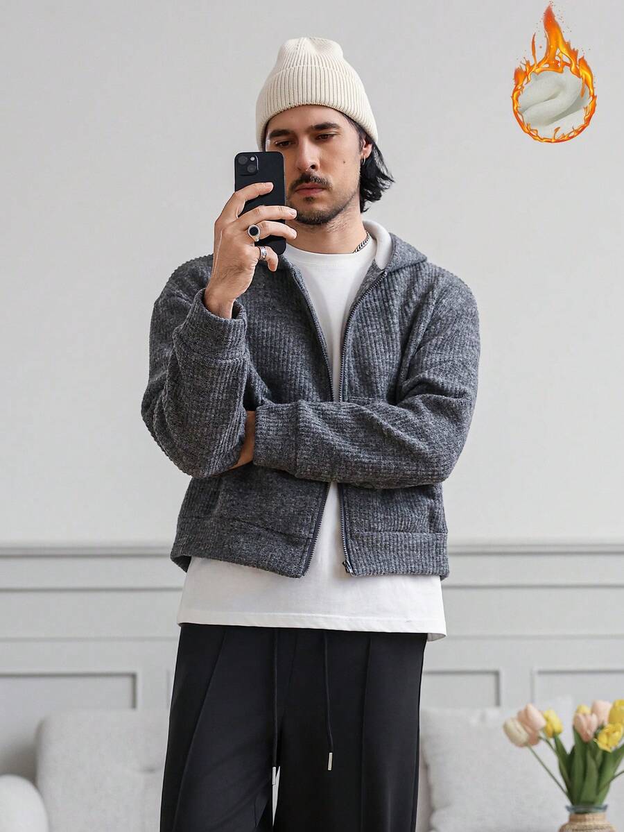 HUEFORM Men The Cropped Version Has A Texture That Matches The Plush Fabric, Which Is Warm And Cold-Resistant, And Fashionable.Zip-Up Hoodies For Men Winter Cardigan For Men Men Knitted Jacket - Grey - View 1