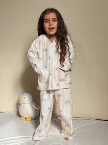 DAZY Young Girl Bow Print Long Sleeve Top And Pants Casual Pajama Set Fall,Winter - Beige - View 4