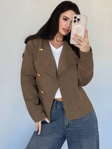 Firerie Women's Elegant Refined Casual Daily Commute New Street Fashion Urban Chic Oblique Placket Metal Button Waist Cinched Long Sleeve Double-Faced Coat, Autumn/Winter - Brown - View 5