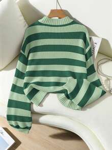 Chiquease Striped Pattern Drop Shoulder Sweater,Long Sleeve Tops Knit Pullover Fall Winter Outfit