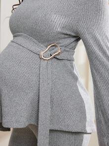 SHEIN 2pcs Maternity High Elastic Ribbed Turtleneck Long Sleeve Top And Pants Set - Grey - View 7