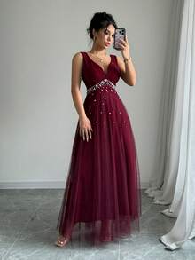 SHEIN Belle Burgundy Red Ladies' Summer Sleeveless Floor-Length Elegant Dress With Faux Pearl Decoration And Sheer Hemline Patchwork Maxi Women Outfit