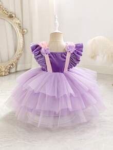 SHEIN Glamorique Kids 紫色薄纱蛋糕裙，女婴公主裙，圣诞女婴裙，派对礼服，圣诞老人裙，新年裙，花卉刺绣，金色丝带，蕾丝，舞台表演，中东风情，优雅正式礼服，四季皆宜